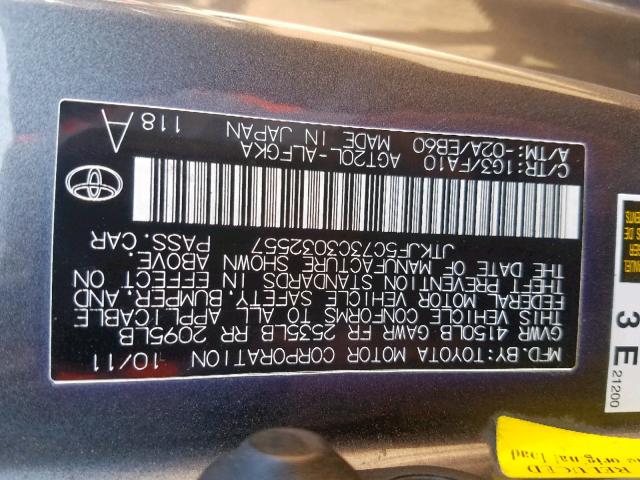 JTKJF5C73C3032557 - 2012 TOYOTA SCION TC ნაცრისფერი ფოტო 10