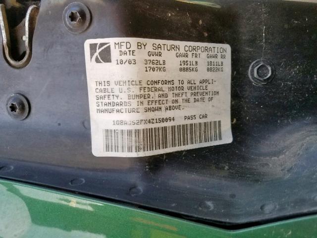 1G8AJ52FX4Z150094 - 2004 SATURN ION LEVEL GREEN photo 10