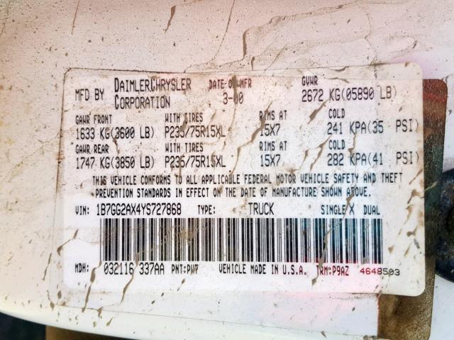 1B7GG2AX4YS727868 - 2000 DODGE DAKOTA QUA WHITE photo 10