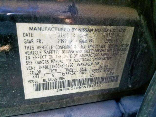 1N4BL11E66N394556 - 2006 NISSAN ALTIMA SE BLACK photo 10