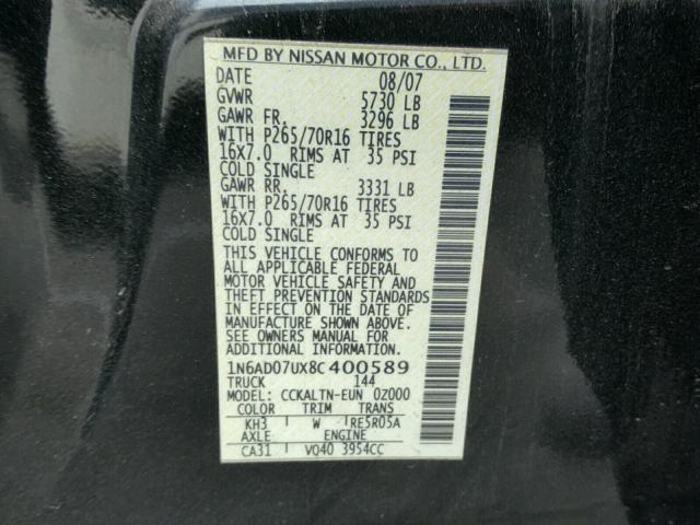 1N6AD07UX8C400589 - 2008 NISSAN FRONTIER C BLACK photo 10