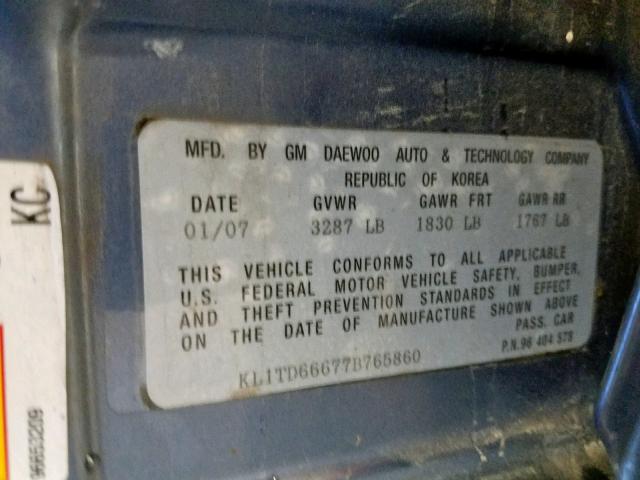 KL1TD66677B765860 - 2007 CHEVROLET AVEO BASE Mavi foto 10