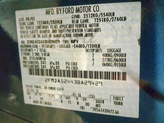 2FMDA52443BA29429 - 2003 FORD WINDSTAR S BLUE photo 10