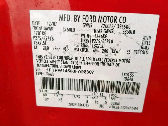 1FTPW14568FA98307 - 2008 FORD F150 SUPER RED photo 10