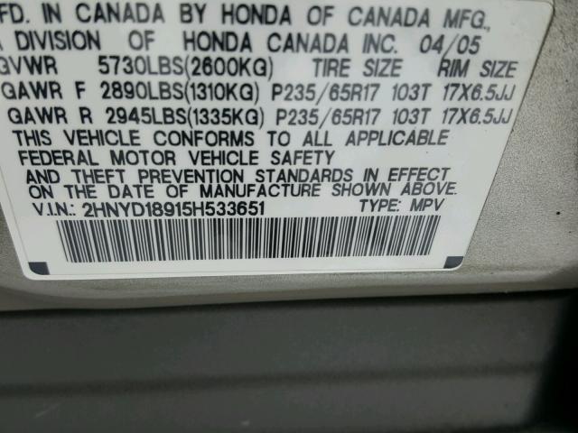 2HNYD18915H533651 - 2005 ACURA MDX TOURIN GOLD photo 10