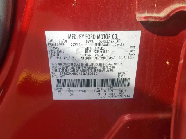 2FMDK48C48BA50889 - 2008 FORD EDGE SEL RED photo 10