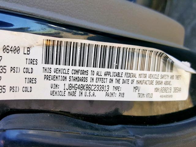 1J8HG48K86C233913 - 2006 JEEP COMMANDER შავი ფოტო 10