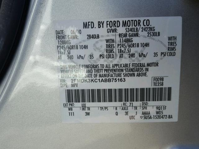 2FMDK3KC1ABB75163 - 2010 FORD EDGE LIMIT SILVER photo 10