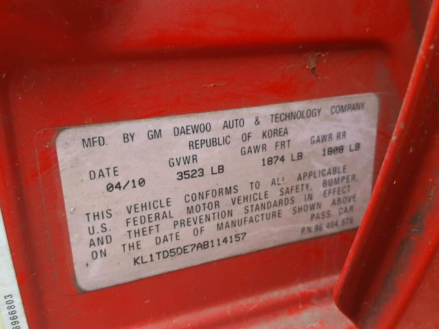 KL1TD5DE7AB114157 - 2010 CHEVROLET AVEO LS RED photo 10