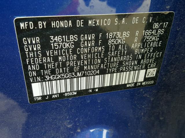 3HGGK5G63JM710204 - 2018 HONDA FIT SPORT ლურჯი ფოტო 10