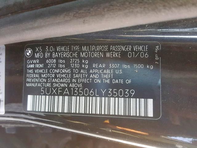 5UXFA13506LY35039 - 2006 BMW X5 3.0I BLACK photo 10