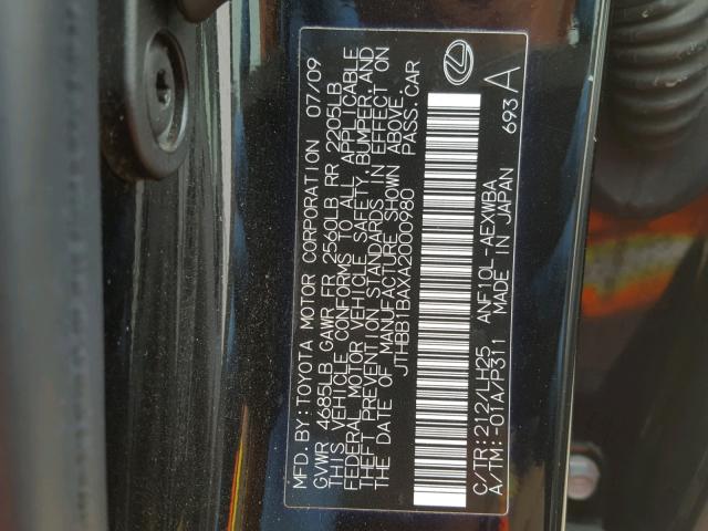 JTHBB1BAXA2000980 - 2010 LEXUS HS 250H BLACK photo 10