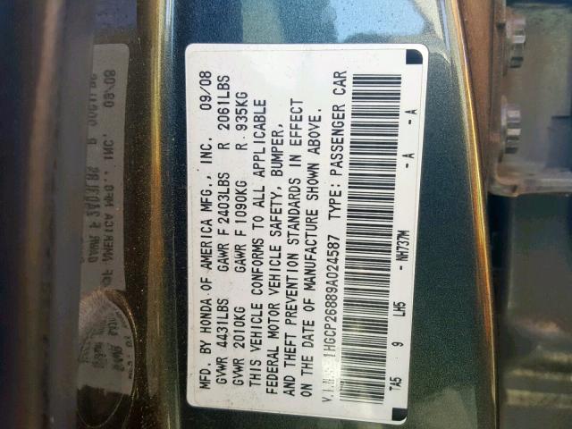 1HGCP26889A024587 - 2009 HONDA ACCORD EXL GRAY photo 10