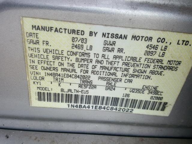 1N4BA41E84C842022 - 2004 NISSAN MAXIMA SE SILVER photo 10