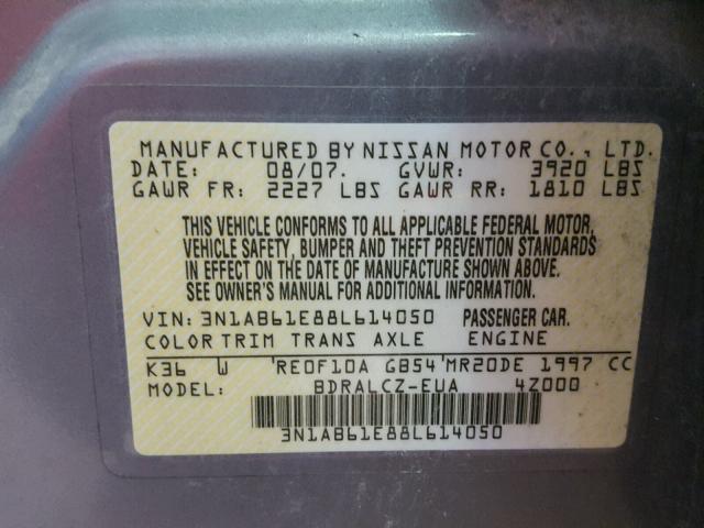 3N1AB61E88L614050 - 2008 NISSAN SENTRA 2.0 SILVER photo 10