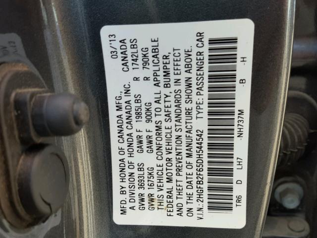 2HGFB2F65DH544542 - 2013 HONDA CIVIC HF CHARCOAL photo 10