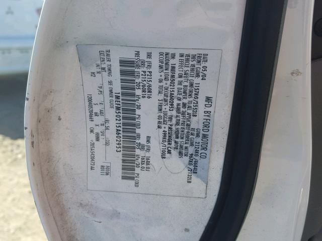 1MEFM50215A602953 - 2005 MERCURY SABLE GS WHITE photo 10