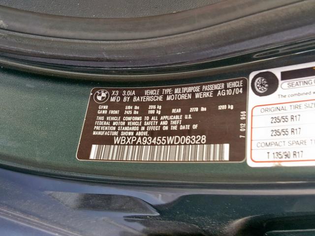 WBXPA93455WD06328 - 2005 BMW X3 3.0I GREEN photo 10