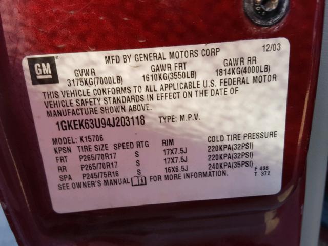 1GKEK63U94J203118 - 2004 GMC YUKON DENA RED photo 10