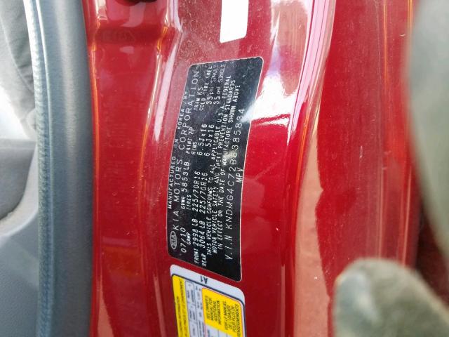 KNDMG4C72B6385834 - 2011 KIA SEDONA LX RED photo 10