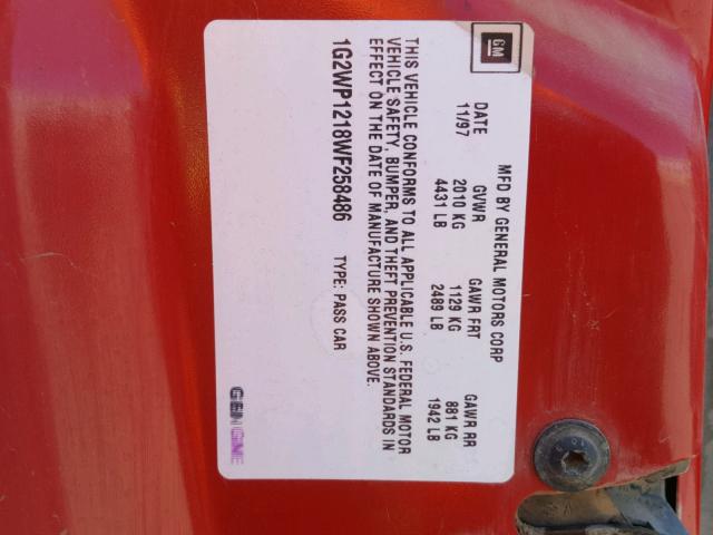 1G2WP1218WF258486 - 1998 PONTIAC GRAND PRIX RED photo 10