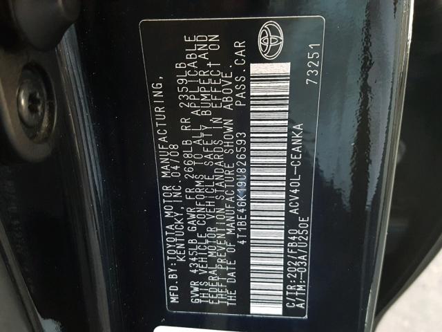 4T1BE46K19U826593 - 2009 TOYOTA CAMRY BASE BLACK photo 10