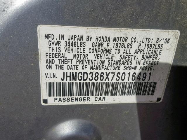 JHMGD386X7S016491 - 2007 HONDA FIT S SILVER photo 10