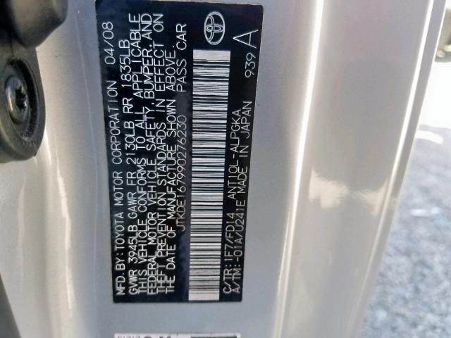 JTKDE167990276230 - 2009 TOYOTA SCION TC ვერცხლისფერი ფოტო 10