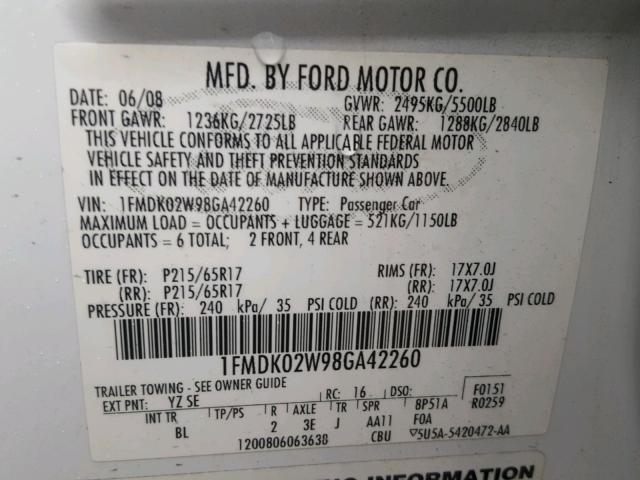 1FMDK02W98GA42260 - 2008 FORD TAURUS X S WHITE photo 10