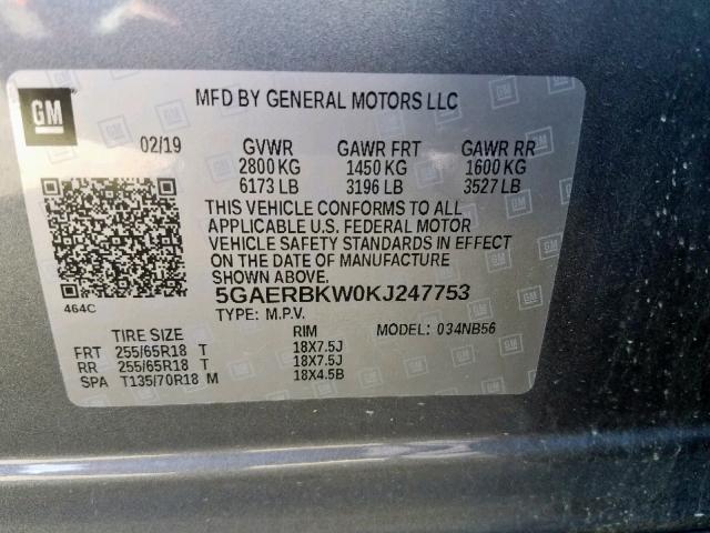 5GAERBKW0KJ247753 - 2019 BUICK ENCLAVE ES GRAY photo 10