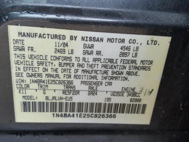 1N4BA41E25C826366 - 2005 NISSAN MAXIMA SE GRAY photo 10