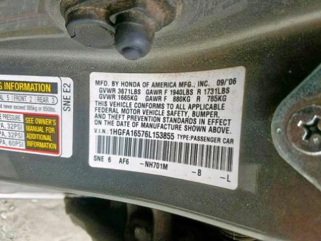 1HGFA16576L153855 - 2006 HONDA CIVIC LX GRAY photo 10