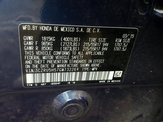 3CZRU5H57GM732264 - 2016 HONDA HR-V EX BLUE photo 10