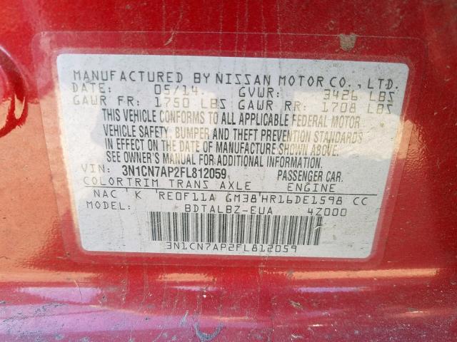 3N1CN7AP2FL812059 - 2015 NISSAN VERSA S RED photo 10