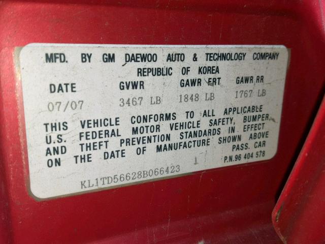 KL1TD56628B066423 - 2008 CHEVROLET AVEO BASE Қызыл фото 10