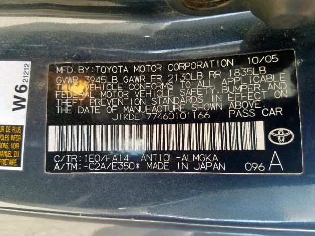 JTKDE177460101166 - 2006 TOYOTA SCION TC შავი ფოტო 10