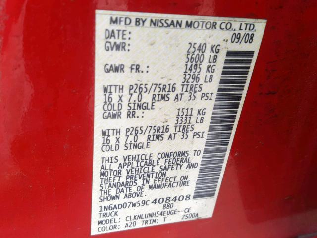 1N6AD07W59C408408 - 2009 NISSAN FRONTIER C RED photo 10