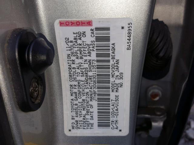 JTHBF30G630113573 - 2003 LEXUS ES 300 SILVER photo 10