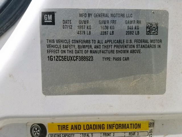 1G1ZC5EUXCF388923 - 2012 CHEVROLET MALIBU 1LT 白色 照片 10