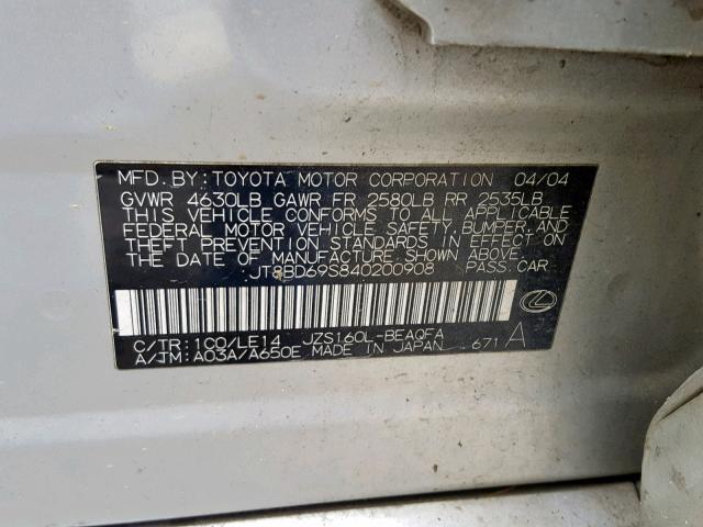 JT8BD69S840200908 - 2004 LEXUS GS 300 SILVER photo 10