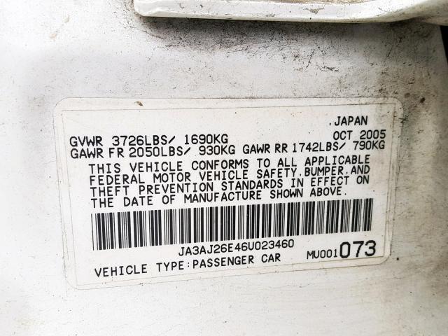 JA3AJ26E46U023460 - 2006 MITSUBISHI LANCER ES WHITE photo 10