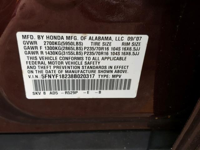 5FNYF18238B020317 - 2008 HONDA PILOT VP MAROON photo 10