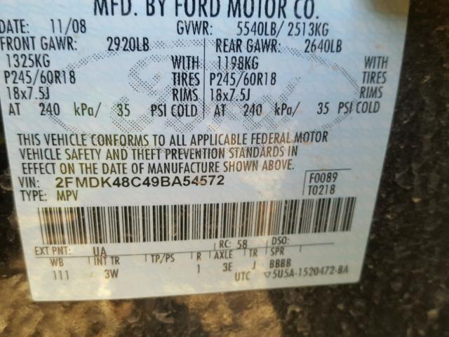 2FMDK48C49BA54572 - 2009 FORD EDGE SEL BLACK photo 10