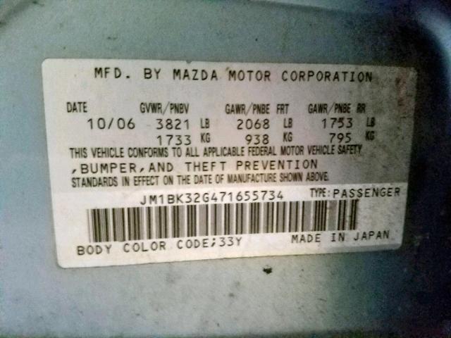 JM1BK32G471655734 - 2007 MAZDA 3 I BLUE photo 10