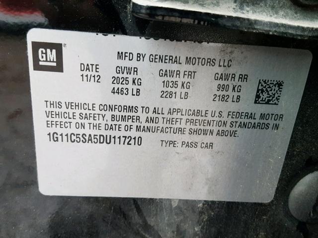 1G11C5SA5DU117210 - 2013 CHEVROLET MALIBU 1LT BLACK photo 10