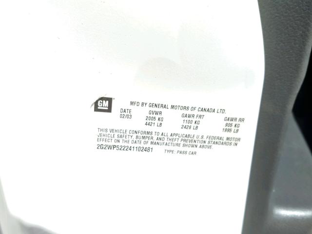 2G2WP522241102481 - 2004 PONTIAC GRAND PRIX WHITE photo 10