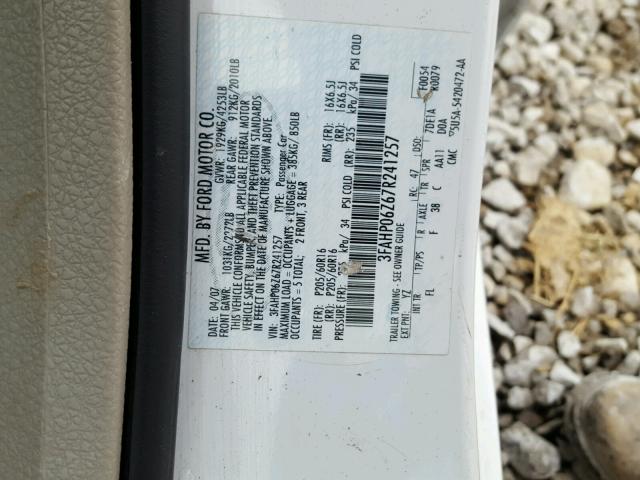 3FAHP06Z67R241257 - 2007 FORD FUSION S WHITE photo 10