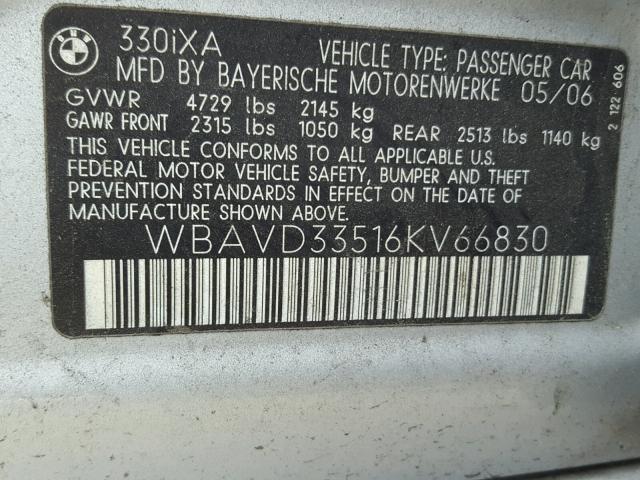 WBAVD33516KV66830 - 2006 BMW 330 XI SILVER photo 10