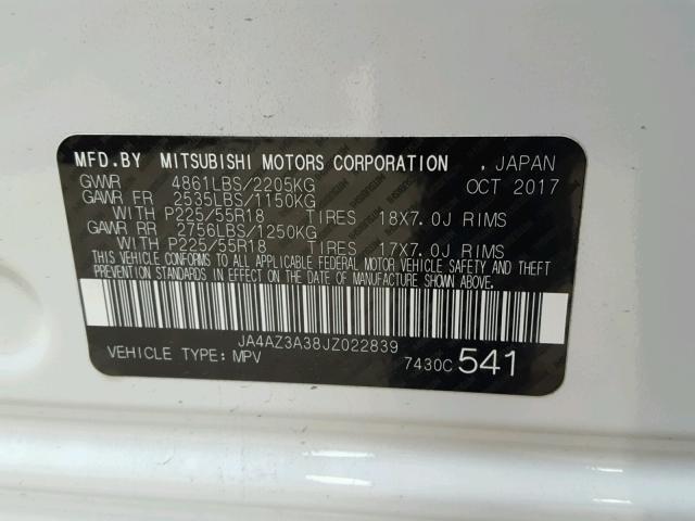 JA4AZ3A38JZ022839 - 2018 MITSUBISHI OUTLANDER WHITE photo 10