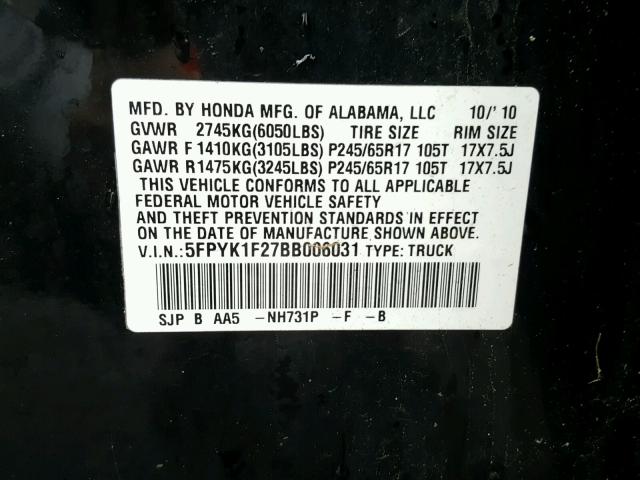 5FPYK1F27BB006031 - 2011 HONDA RIDGELINE BLACK photo 10